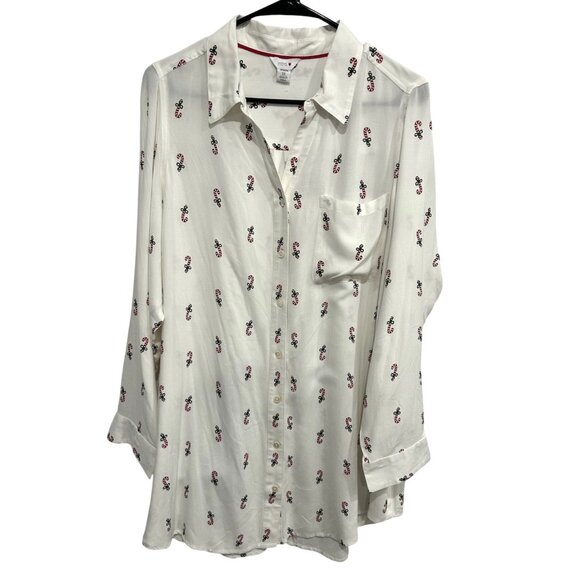Intro Womans White Button-Up Blouse Candy Cane Print Top Size 1X - Picture 1 of 9